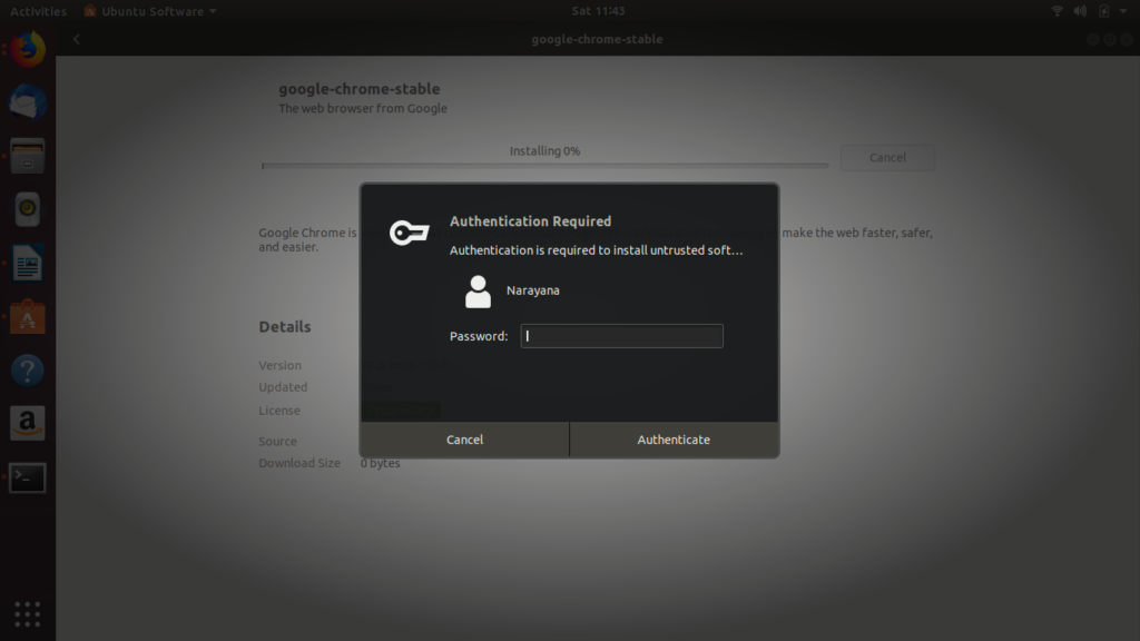 Google Chrome installation Authentication  Ubuntu