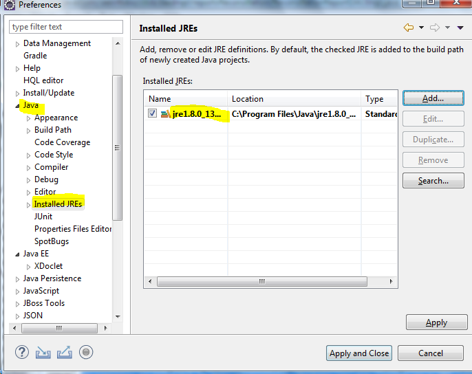 Installed JREs Eclipse