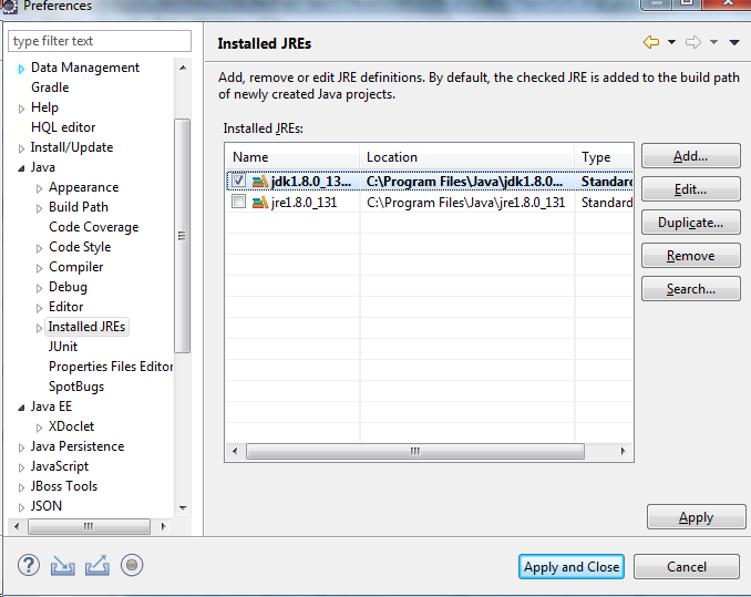 Installed JRE - JDK Selection Eclipse