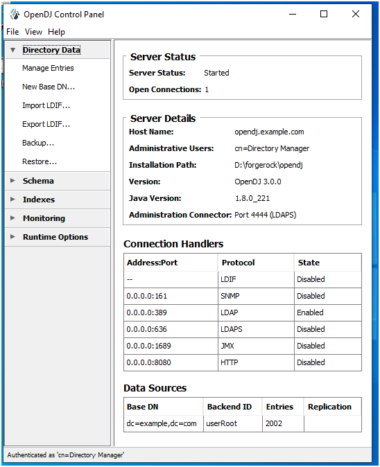 OpenDJ Control Panel Home