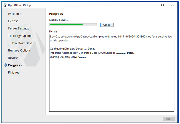 OpenDJ Installation Progress Starting Server