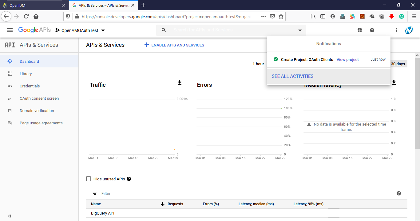 Console Google Developer OAuth Client Project Created