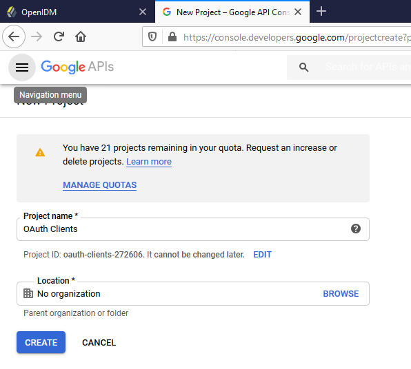 Console Google Developer OAuth Client Project
