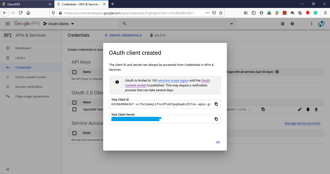 Console Google Developer OAuthClient OAuth Client Created