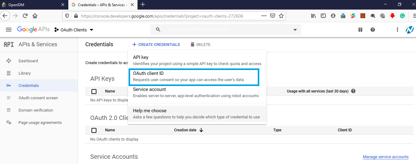 Console Google Developer OAuthClient OAuth Client ID Select