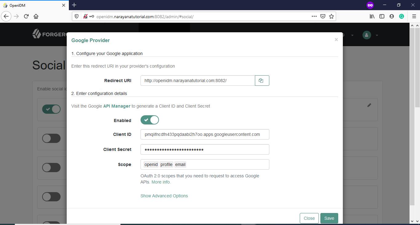 OpenIDM Google OAuth Client ID Secret Configuration