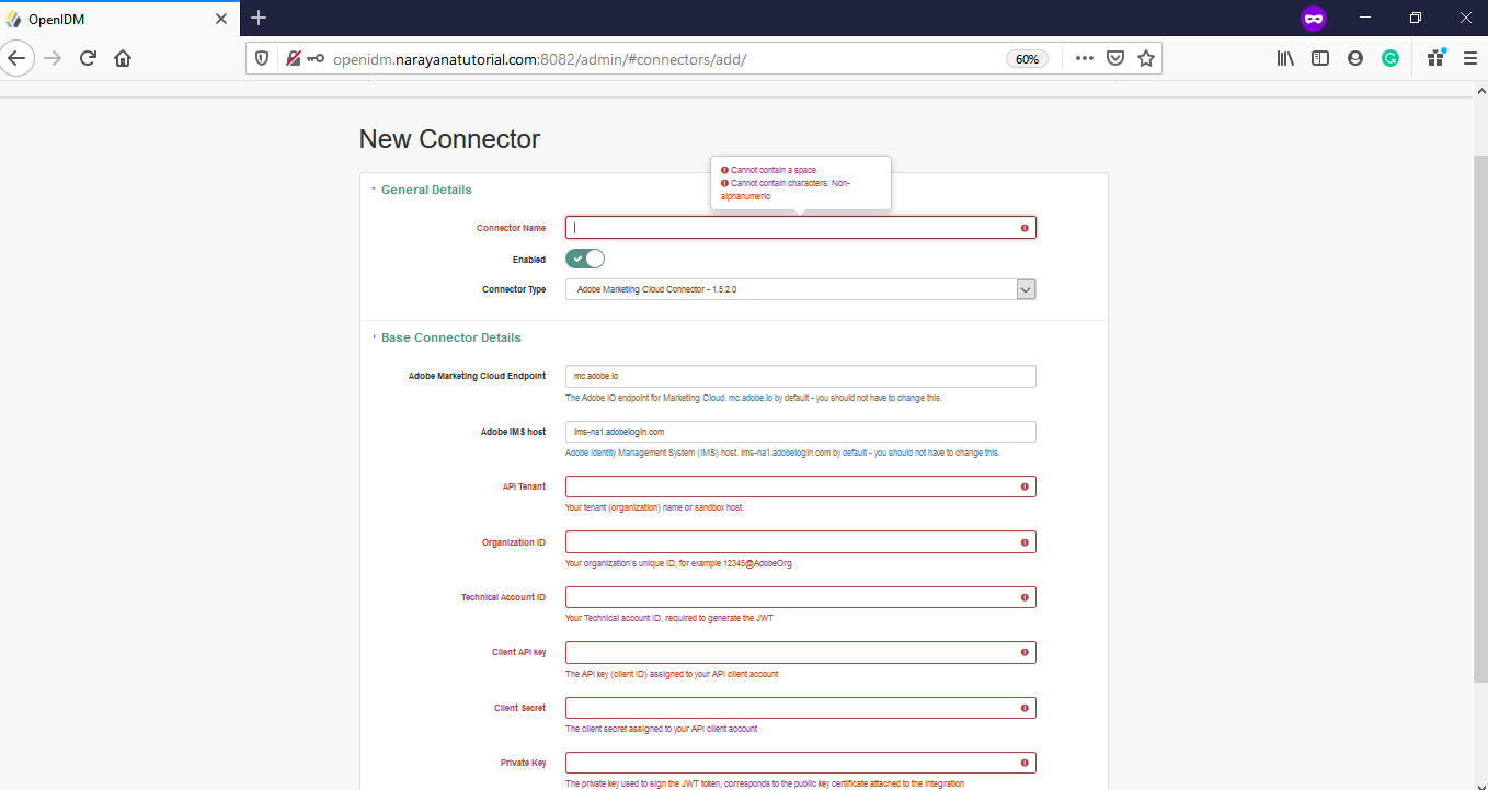 OpenIDM New Connector Configuration Form